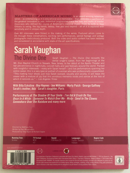 Masters of American Music Sarah Vaughan - The Divine One  Newly Digitally Remastered  Directed by Matthew Seig  Written by Dan Morgenstein  Produced by Toby Byron & Richard Saylor  DVD (880242571281)