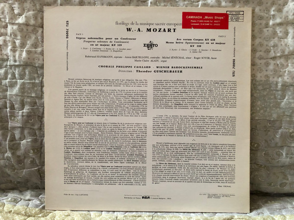 W.A. Mozart - Vépres Solonnelles Pour Un Confesseur Ave Verum KV 618; Messe Brève KV 220 - Solistes: Chorale Philippe Caillard, Wiener Barockensemble, Dir. Theodor Guschlbauer / Erato LP Stereo / STU 70298