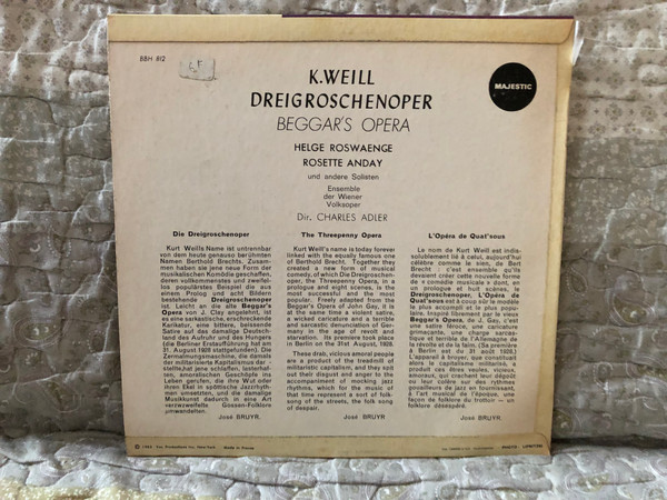 K. Weill - Dreigroschenoper; Beggar's Opera - Helge Roswaenge, Rosette Anday Und Andere Solisten Ensemble Der Wiener Volksoper, Dir. Charles Adler / Maestoso LP 1963 / BBH 812 