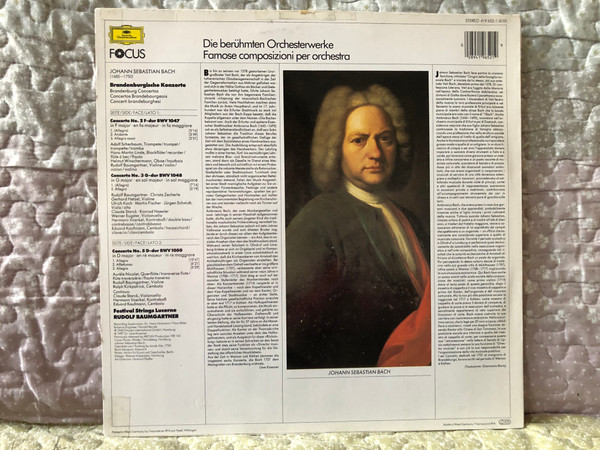 J.S.Bach: Brandenburgische Konzerte Nr.2, 3, 5 - Adolf Scherbaum, Aurèle Nicolet, Festival Strings Lucerne, Rudolf Baumgartner / Focus / Deutsche Grammophon LP Stereo 1987 / 419 652-1