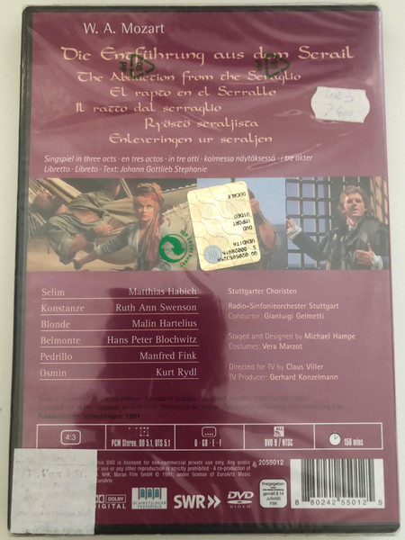 MOZART-DIE ENTFUHRUNG AUS DEM SERIAL  Radio-Sinfonienorchester Stuttgart  Conductor Gianluigi Gelmetti  Staged and designed by Michael Hampe  Recorded live at the Grabado Rokokotheater Schwetzingen 1991  DVD (880242550125)