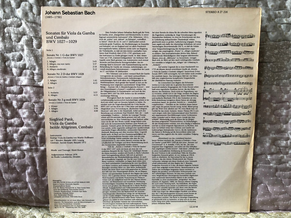 Bach - Drei Sonaten Für Viola Da Gamba Und Cembalo BWV 1027-1029 - Siegfried Pank, Isolde Ahlgrimm / ETERNA Edition / ETERNA LP Stereo 1978 / 8 27 216