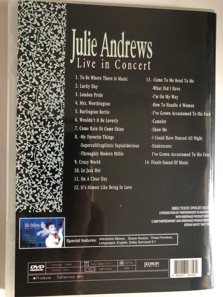 Julie Andrews - Live in Concert / This is RARE and Out of Print JULIE ANDREWS-Live in Concert (1989) DVD / Introduction / Where There is Music 2. London Pride 4. Mrs. Worthington 5. Burlington Bertie 6. Wouldn't It Be Lovely?. Crazy World 10 / DVD (8809047083562)