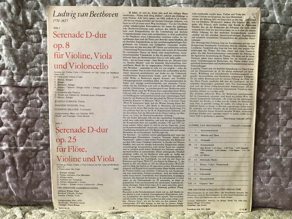 Ludwig van Beethoven - Serenade D-dur Op. 8 Für Violine, Viola Und Violoncello - Rudolf Ulbrich, Joachim Zindler, Clemens Dillner / Serenade D-dur Op. 25 Für Flöte, Violine Und Viola - Johannes Walter, Reinhard Ulbricht / ETERNA LP Stereo 1971 / 8 26 053