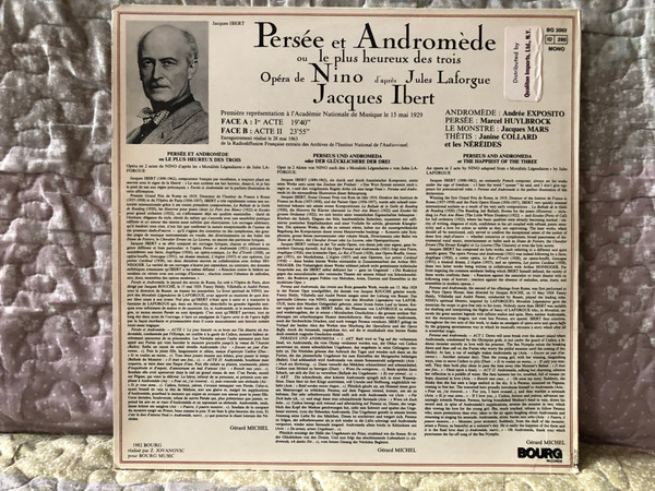 Persée Et Andromède Ou Le Plus Heureux Des Trois - Opera de Nino d'apres Jules Laforgue - Jacques Ibert, Orchestre Philharmonique De L'O.R.T.F., sous la direction de Eugene Bigot, Chœurs De L'O.R.T.F. / Bourg Records LP Mono / BG 3002