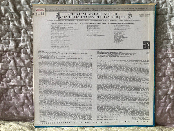 Ceremonial Music Of The French Baroque - Charpentier - Epithalamium; Lully - Plaude, Laetara Gallia; Delalande; Atributed to Delalande - Concert d'Esculape / The Roger Blanchard Vocal Ensemble / Nonesuch LP Stereo / H-71039