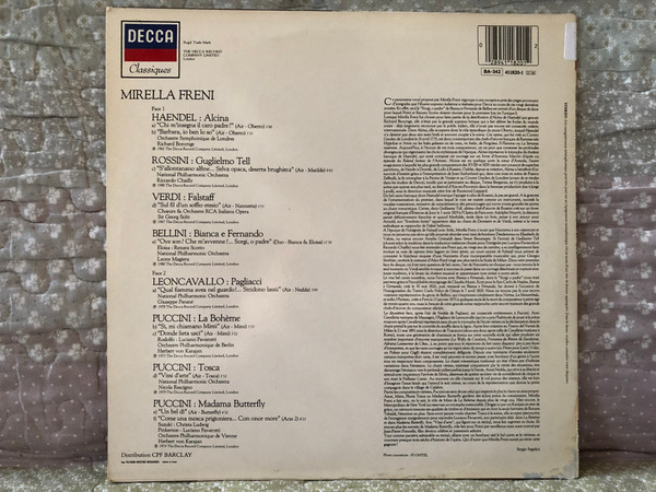 Mirella Freni - Alcina; Bianca e Fernando; Falstaff; Guglielmo Tell; La Boheme; Madama Butterfly; Pagliacci; Tosca / Decca LP / BA-342