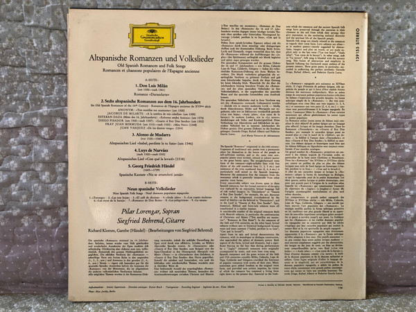 Pilar Lorengar, Siegfried Behrend – Altspanische Romanzen Und Volkslieder; Old Spanish Romances And Folk Songs; Romances Et Chansons Populaires De L'Espagne Ancienne / Deutsche Grammophon LP Stereo / 139 155 SLPM