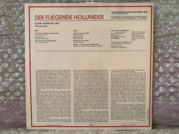 Richard Wagner: Der Fliegende Holländer - Marianne Schech, Sieglinde Wagner, Dietrich Fischer-Dieskau, Rudolf Schock, Fritz Wunderlich, Chor Der Deutschen Staatsoper Berlin, Staatskapelle Berlin / ETERNA LP Stereo 1974 / 8 25 207