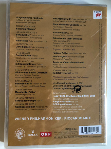 Neujahrskonzert 2021 - New Year's Concert 2021 / Wiener Philismoniker / Live Recording: January 1, 2021, Golden Hall of the Wi Musikverein / Conductor: Riccardo Muti / Directed by Henning Kaster / DVD (194398401799)