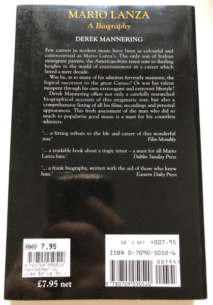 Mario Lanza A Biography  Derek Mannering  Foreword by Jose Carreras  S & B Publishing 1992  Paperback (9780709050520)