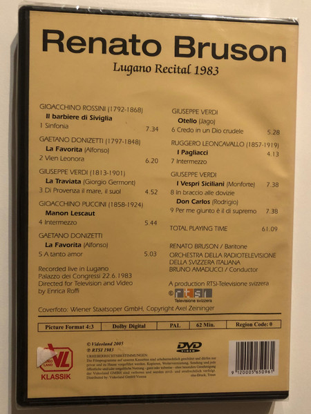 Various Composers - Renato Bruson: Lugano Recital, 1983 / GIUSEPPE VERDI - GIOACCHINO ROSSINI - GAETANO DONIZETTI - RUGGERO LEONCAVALLO - GIOACCHINO PUCCINI / SWITZERLAND-ITALIAN RADIO-TELEVISION ORCHESTRA BRUNO AMADUCCI / DVD (9120005650961)