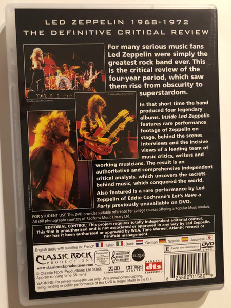 INSIDE LED ZEPPELIN 1968-1972 / THE DEFINITIVE CRITICAL REVIEW / CLASSIC ROCK PRODUCTIONS / Bonus: A rare performance by Led Zeppelin of Eddie Cochrane's Let's Have a Party / DVD (823880015809)