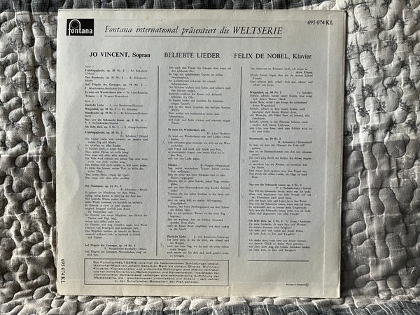 Jo Vincent, Felix De Nobel (klavier): Beliebte Lieder - Frülingsglaube; Der Nussbaum; Auf Flügeln Des Gesanges; Wiegenlied; Nur Wer Die Sehnsucht Kennt; Ich Liebe Dich; u. a. / Fontana LP / 695 074 KL