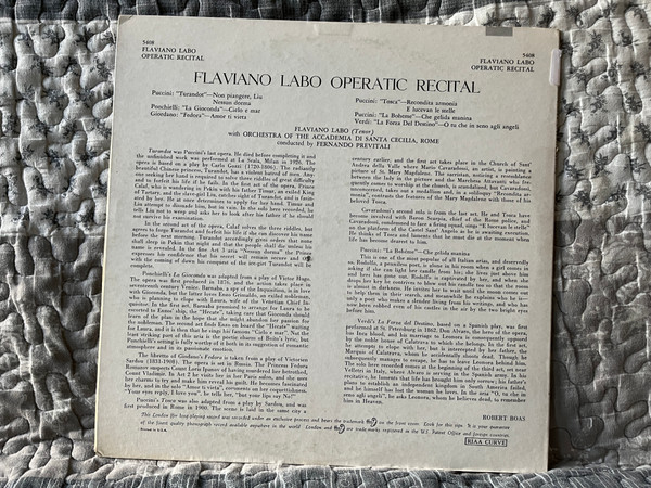 An Operatic Recital By Flaviano Labò - with Orchestra of L'Accademia Di Santa Cecilia, Rome, Conductor Fernando Previtali / Puccini: Turandot, Non Piangere, Liù, Turandot, Nessum Dorma; Ponchielli: La Gioconda, Cielo E Mar / London Records LP / 5408