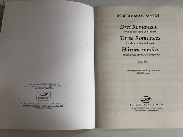 Three Romances for oboe or flute and piano Op. 94 (Flute and Piano, Oboe and Piano)  SCHUMANN  EDITIO MUSICA BUDAPEST Z. 12 841, 1985  Paperback (9790080128411)