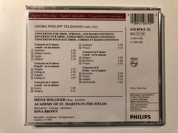 Telemann: Concerti Per Oboe - Heinz Holliger, Academy Of St. Martin-in-the-Fields, Iona Brown / Philips Audio CD / 412 879-2