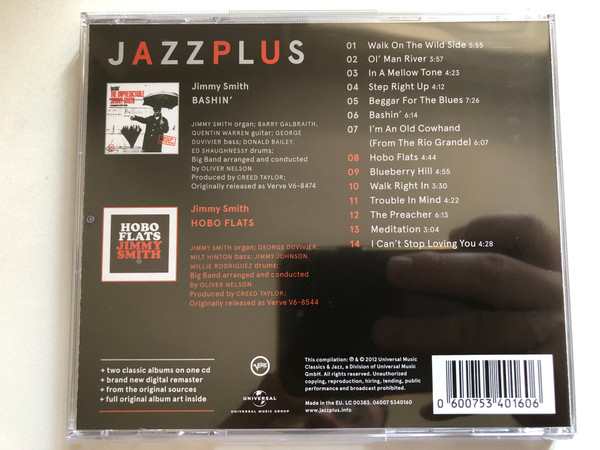 Jimmy Smith: Bashin' - The Unpredictable Jimmy Smith + Hobo Flats / Arrangements By Oliver Nelson / Includes the exciting jazz version of 'Walk On The Wild Side' / Jazzplus / Verve Records Audio CD 2012 / 06007 5340160 