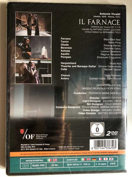 Il Farnace (Opera di Firenze) 2 DVD Set / Drama for music RV 711-G Libretto by ANTONIO MARIA LUCCHINI / ORCHESTRA OF THE FLORENTINE MUSICAL MAY / Conductor FEDERICO MARIA SARDELLI / DVD (8007144376703)