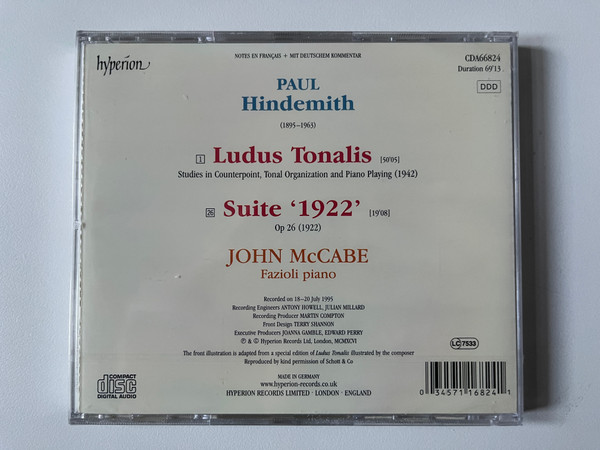 Hindemith - Ludus Tonalis; Suite '1922' - John McCabe / Hyperion Audio CD 1996 / CDA66824