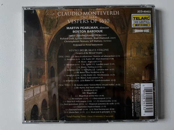 Monteverdi: Vespers Of 1610 - Martin Pearlman, Boston Baroque / Performed on Period Instruments / Telarc 2x Audio CD 1997 / 2CD-80453 (089408045325)
