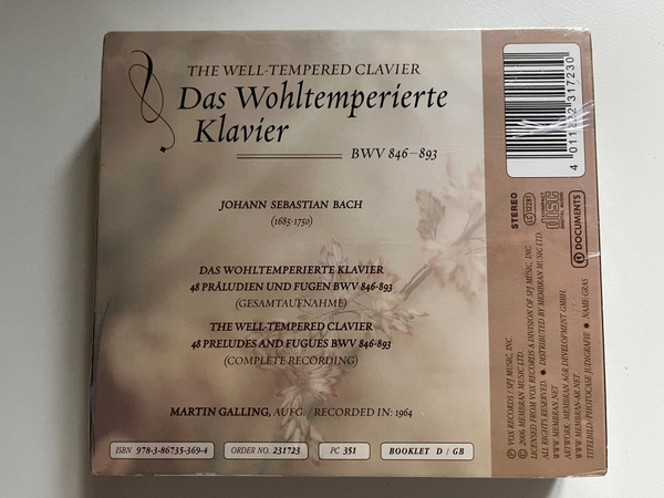 Johann Sebastian Bach - Martin Galling: The Well-Tempered Clavier - Das Wohltemperierte Klavier, BWV 846-893 / Vox Records 4x Audio CD, Box Set, Stereo 2006 / 231723