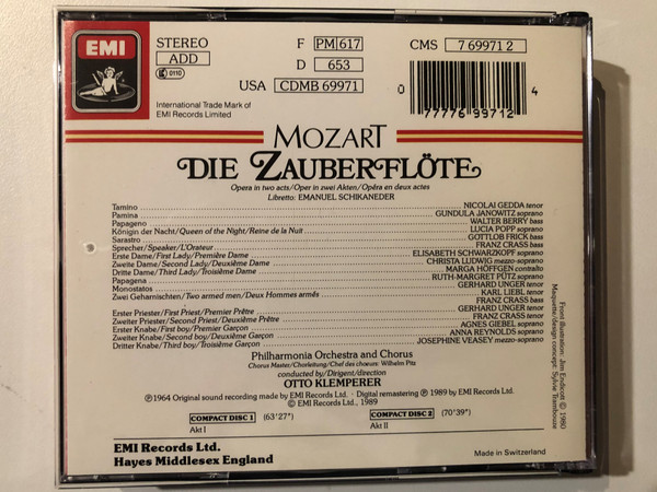 Mozart: Die Zauberflöte - Janowitz, Gedda, Popp, Berry, Frick, Philharmonia Orchestra And Chorus, Otto Klemperer / EMI 2x Audio CD, Box Set, Stereo 1989 / CMS 7 69971 2