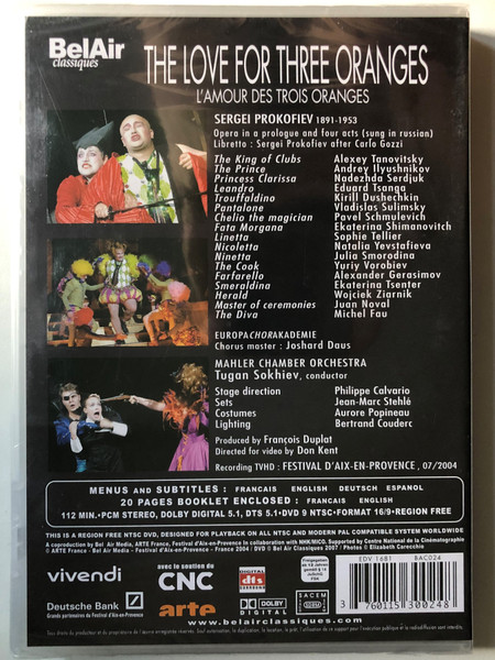Prokofiev: The Love for the Three Oranges (L'AMOUR DES TROIS ORANGES) / Opera in a prologue and four acts (sung in russian) / Libretto Sergei Prokofiev / MAHLER CHAMBER ORCHESTRA / Tugan Sokhiev, conductor / DVD (3760115300248)