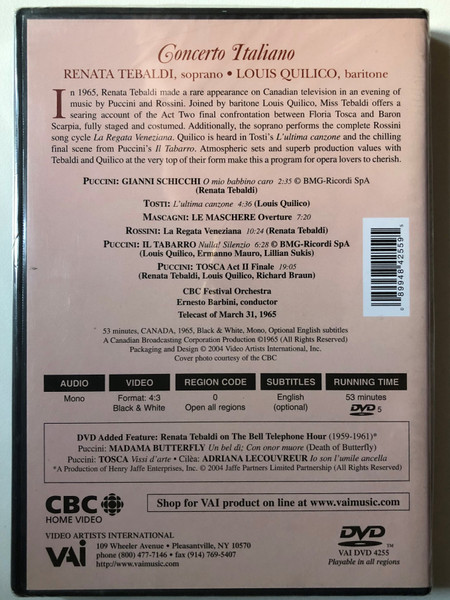 Renata Tebaldi and Louis Quilico: Concerto Italiano / Ernesto Barbini, CBC Festival Orchestra / Ernesto Barbini, conductor / Packaging and Design © 2004 Video Artists International, Inc. / DVD (08994842559)