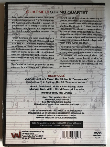 Beethoven Quartets Nos. 11 & 9 / Guarneri String Quartet / Introduced by Hal Linden / Jason Starr, producer-director / Jerry Bruck, audio director / Alison Landes, Jason Starr, executive producers / Video Artists International, Inc. / DVD (089948433996)