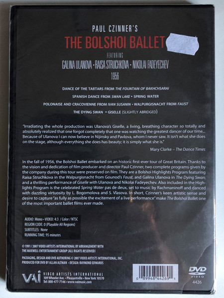 The Bolshoi Ballett - Glinka-Gounod-Tschaikowsky / PAUL CZINNER / GALINA ULANOVA - RAISA STRUCHKOVA - NIKOLAI FADEYECHEV 1956 / DANCE OF THE TARTARS FROM THE FOUNTAIN OF BAKHCHSARAI / PANISH DANCE FROM SWAN LAKE SPRING WATER / DVD (089948442691)