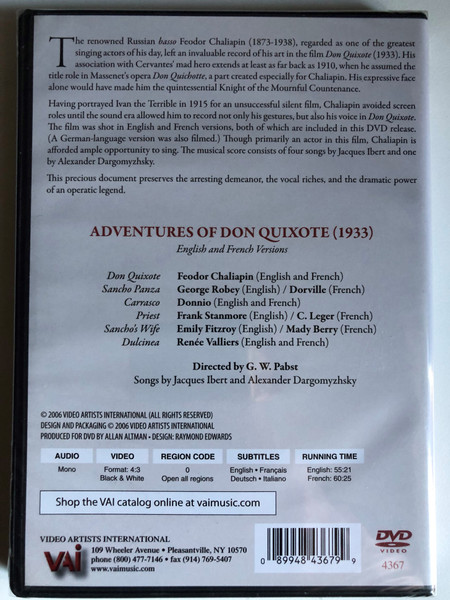 Adventures of Don Quixote / G.W. Pabst, Feodor Chaliapin / English and French Versions / Songs by Jacques Ibert and Alexander Dargomyzhsky / DESIGN AND PACKAGINGO 2006 VIDEO ARTISTS INTERNATIONAL / DVD (089948436799)