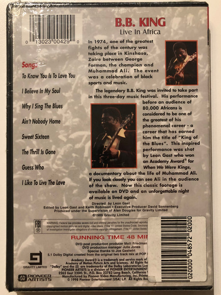 Live At Rumble In The Jungle,, Zaire (2006) / PIONEER ARTISTS CONCERT FILM SERIES / Directed by Leon Gast / Edited by Leon Gast and Keith Robinson Executive Producer David Sonnenberg / DVD (04857202000) 