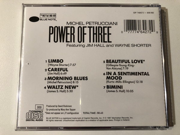 Michel Petrucciani: Power Of Three - Featuring Jim Hall And Wayne Shorter / Blue Note Audio CD 1987 / CDP 7 46427 2