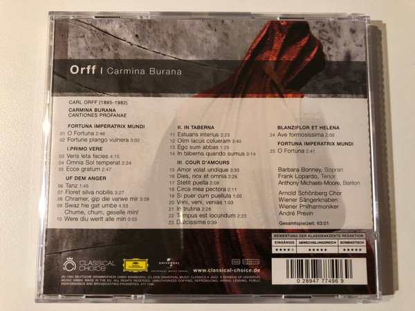 Orff: Carmina Burana - Bonney, Lopardo, Michaels-Moore, Arnold Schoenberg Chor, Wiener Philharmoniker, André Previn / Deutsche Grammophon Audio CD 2008 / 477 7496
