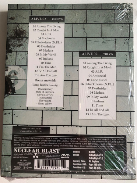 Anthrax - Alive 2 (2005): The Music DVD+CD Set / Recorded on June 3rd, 2005 at the Starland Ballroom in Sayerville, NJ / American thrash metal band from New York, formed in 1981 / DVD (727361158200)