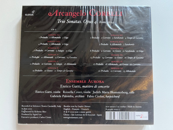 Arcangelo Corelli: Sonate a 3. Opera Quarta. Roma, 1694 - Ensemble Aurora, Enrico Gatti / Glossa 2x Audio CD 2012 / GCD 921207