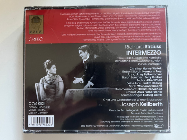 Strauss: Intermezzo - Steffek, Prey, Gruber, Kmentt, Joseph Keilberth / Wiener Staatsoper Live / Orfeo 2x Audio CD, Mono 2008 / C 765 082 I