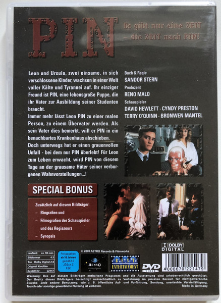 Pin  Buch & Regie SANDOR STERN  Es gibt nur eine ZEIT - die ZEIT nach PIN!  DAVID HEWLETT, CYNDY PRESTON, TERRY O'QUINN, BRONWEN MANTEL  DVD Video (4008670221479)