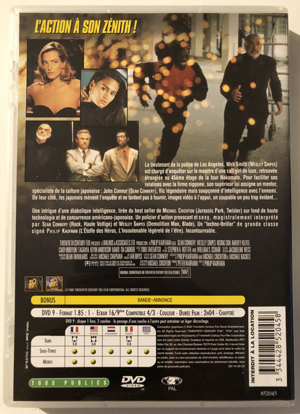 Soleil Levant (1993) - Rising Sun  SEAN CONNERY, WESLEY SNIPES  DVD Video (3344428520458)