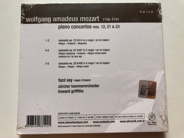 Fazıl Say - Mozart: Piano Concertos Nos. 12, 21, 23 - Zürcher Kammerorchester, Howard Griffiths / A.K. Müzik Audio CD 2008 / V 4992-AK