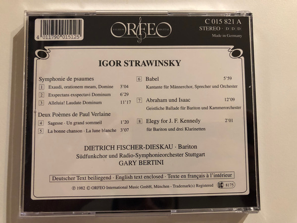 Igor Strawinsky: Symphony of Psalms, Abraham and Isaac, Babel, Elegy for John for John F. Kennedy, Verlaine Lieder - Dietrich Fischer-Dieskau, Gary Bertini / Orfeo Audio CD 1982 Stereo / C 015 821 A