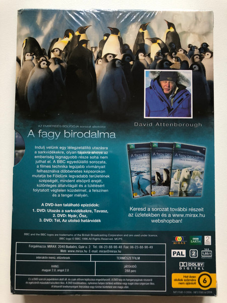 A fagy birodalma (The realm of frost) 3 DVD Set  1. DVD Utazás a sarkvidékekre, Tavasz, 2. DVD Nyár, Ősz, 3. DVD Tél, Az utolsó határvidék  David Attenborough TV presenter  DVD
