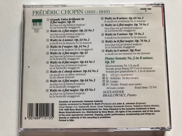 Chopin: 14 Waltzes; Piano Sonata No. 3 - Alexander Brailowsky / Essential Classics / Sony Classical Audio CD 1995 / CDSONY 4084 H