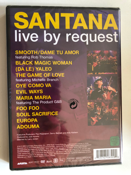 Santana – Live By Request / A Career-Spanning Collection Of Hits From Music's Legendary Artist All On One Lendmark DVD! / Includes performances of his #1 smashes: ''Smooth'' with Rob Thomas, ''The Game Of Love'', .... / Arista Audio CD 2005 / 82876 706509
