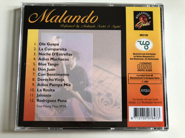 Malando - Performed by Malando Sextet & Septet - Ole Guapa; Blue Tango; La Cumparsita; Adios Muchacos; Noche D'Estrellas;... / Weton-Wesgram Audio CD 2001 / MG2100
