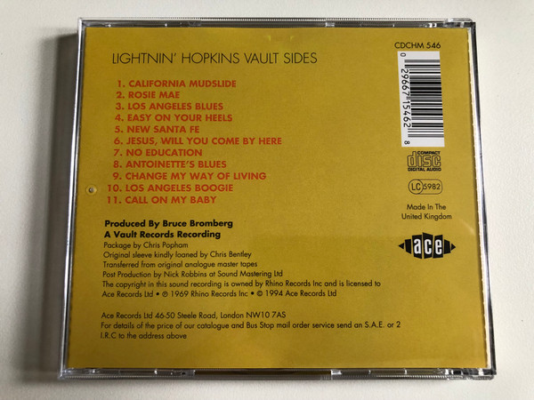 Lightning Hopkins: California Mudslide (And Earthquake) - California Mudslide; Los Angeles Blues; Easy On Your Heels; No Education / Ace Audio CD 1994 / CDCHM 546