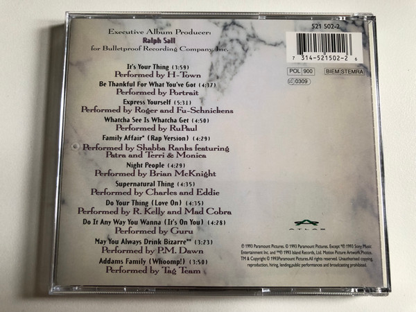 Addams Family Values (Music From The Motion Picture) - Featuring: H-Town, Portrait,Roger & Fu-Schnickens, RuPaul, Shabba Ranks, Brian Mcknight, Charles & Eddie, R. Kelly & Mad Cobra, Guru, P.M. Dawn / Atlas Audio CD 1993 / 521 502-2