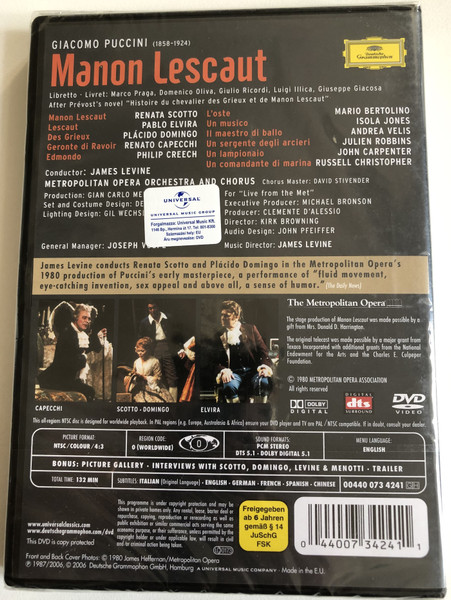 PUCCINI - MANON LESCAUT  Production by Gian Carlo Menotti  The Metropolitan Opera  Deutsche Grammophon  DVD Video (044007342411)