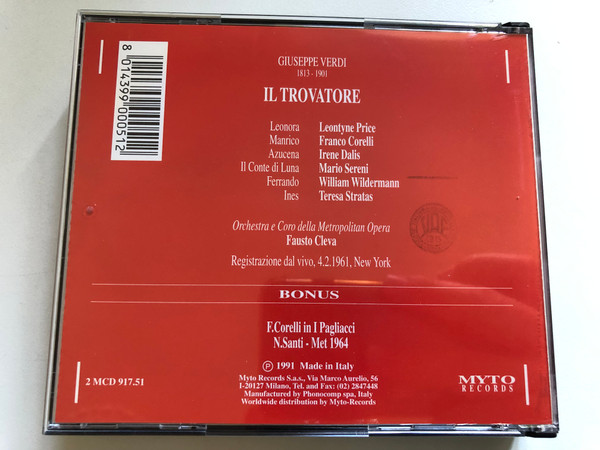 Il Trovatore - Giuseppe Verdi  Price, Corelli, Dalis, Sereni, F. Cleva  MYTO RECORDS  2 MCD 917.51  Audio CD (8014399000512)